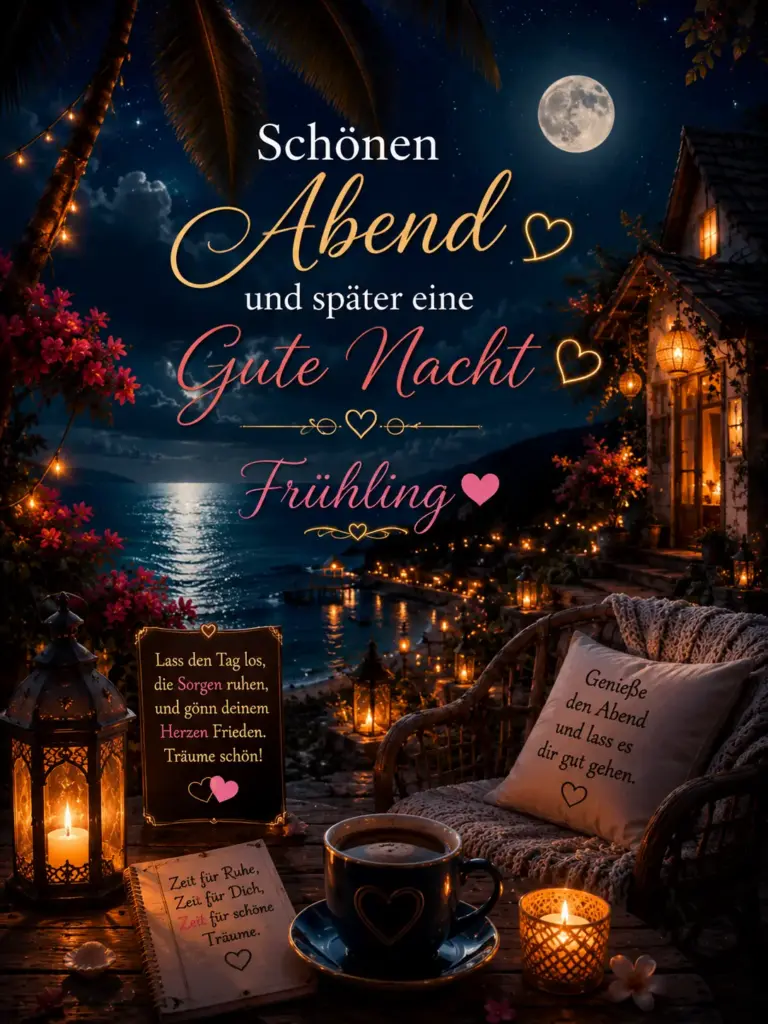 Frühlingsgrüße Schönen Abend und Gute Nacht mit Kaffeetasse