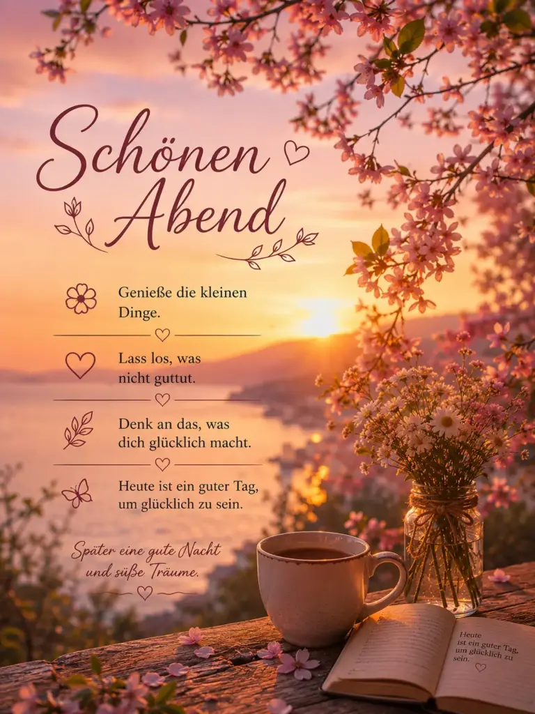 Frühlingshafter Schönen Abend Gruß mit Kaffee und Buch