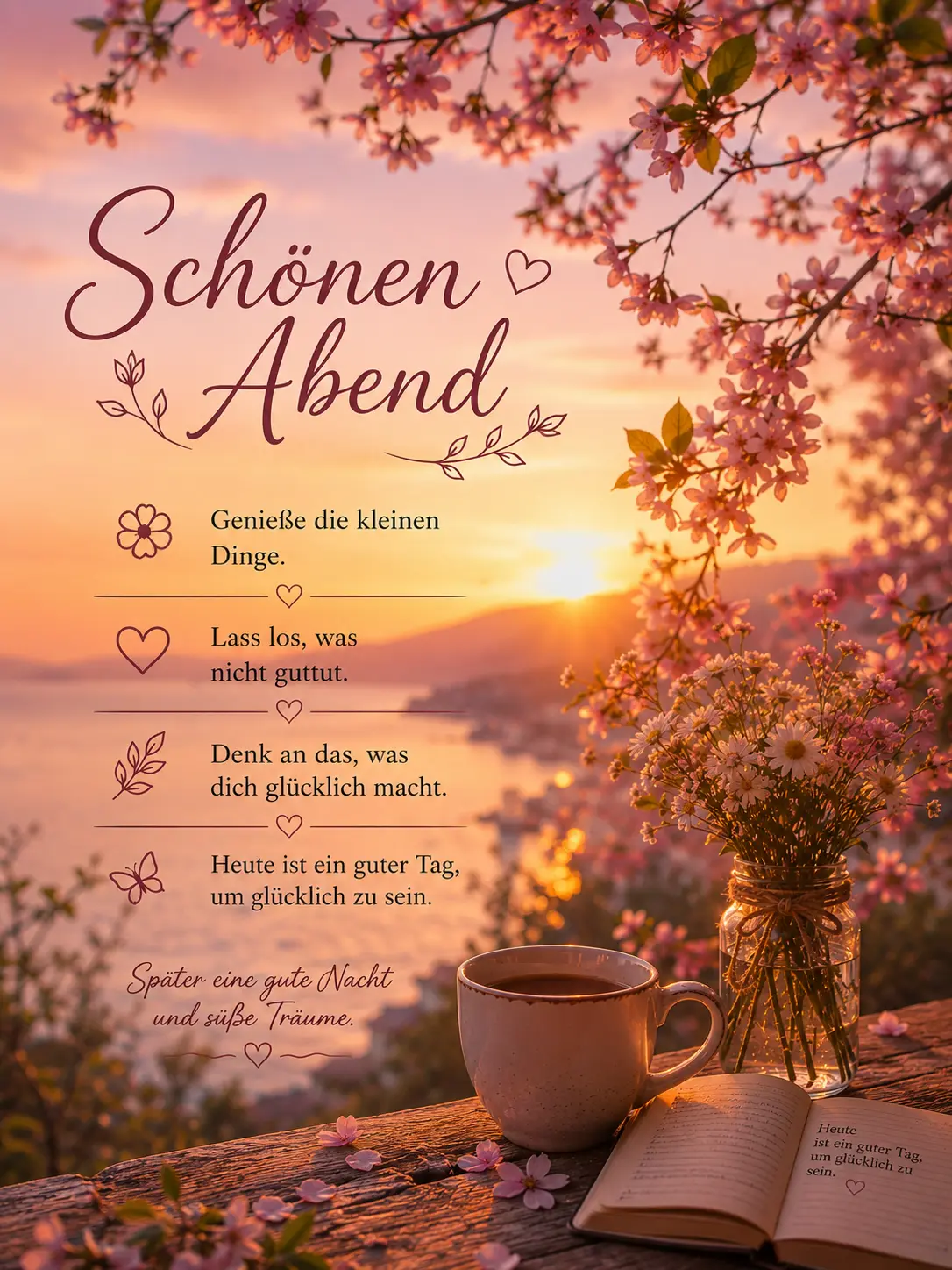 Frühlingshafter Schönen Abend Gruß mit Kaffee und Buch