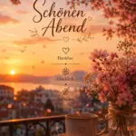 Schönen Abend Bild mit Kirschblüten in einer Vase, einer Kaffeetasse auf einer Holzterrasse und Blick auf eine Stadt bei Sonnenuntergang.