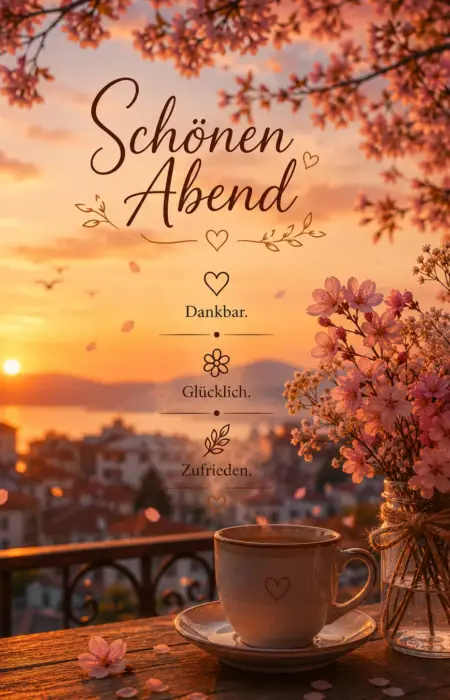 Schönen Abend Bild mit Kirschblüten in einer Vase, einer Kaffeetasse auf einer Holzterrasse und Blick auf eine Stadt bei Sonnenuntergang.