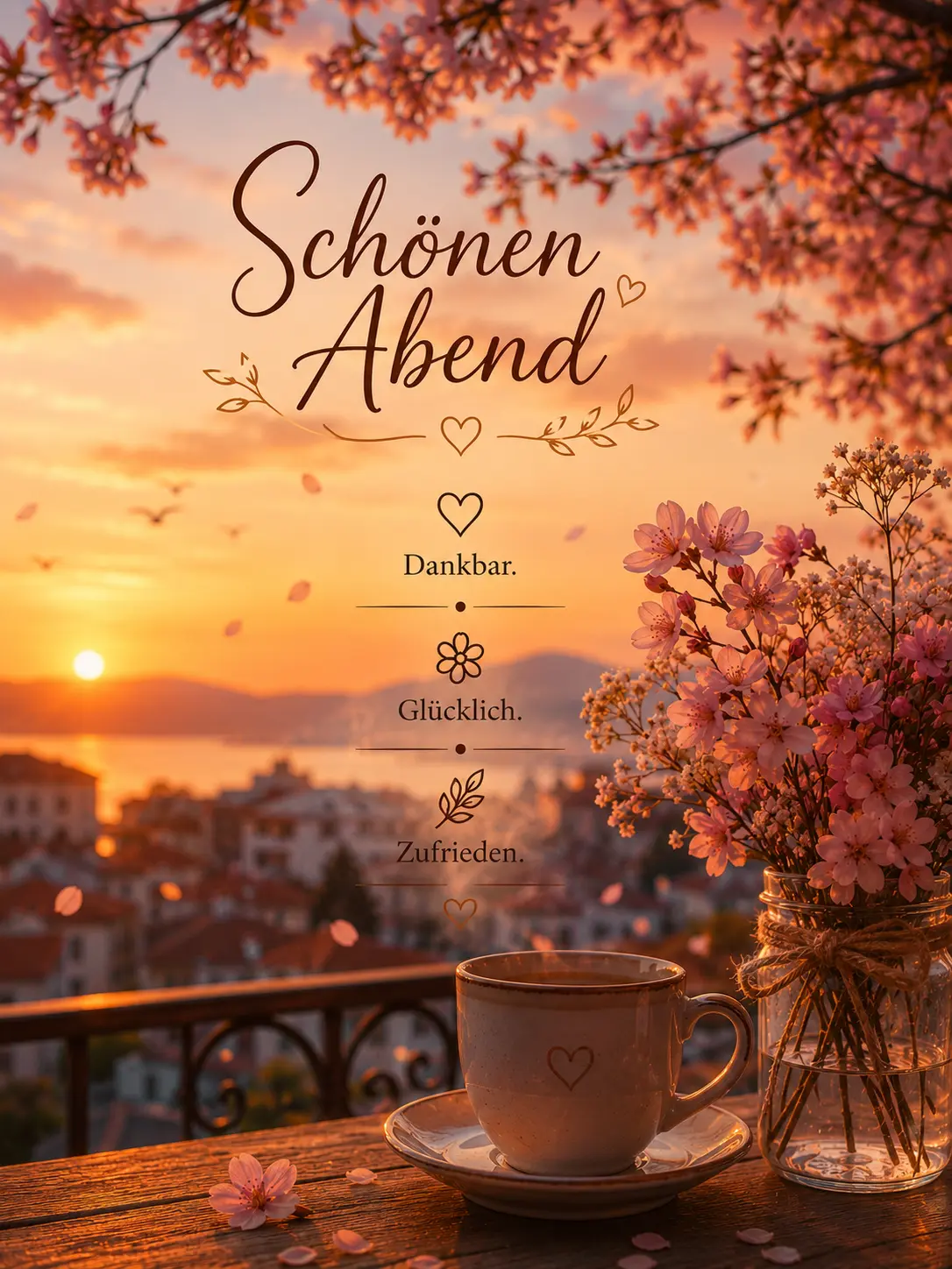 Frühlingshafter Schönen Abend Gruß mit Kirschblüten