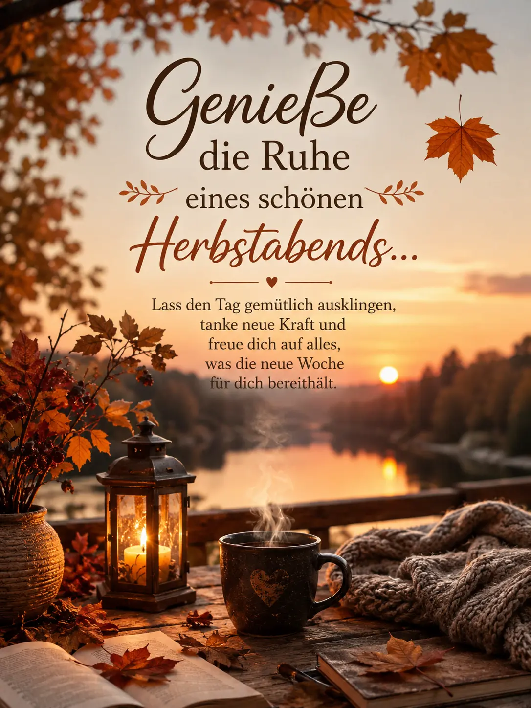 Genieße die Ruhe eines schönen Herbstabends mit Buch und Kaffee