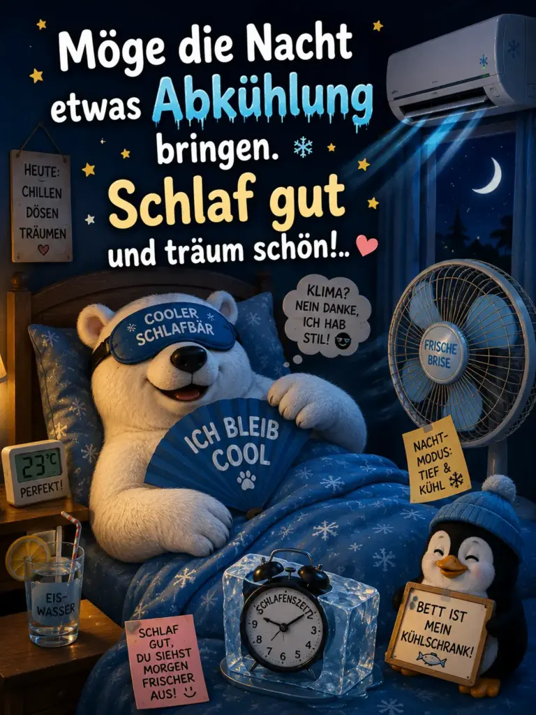 Gute Nacht Hitze – Abkühlung Sprüche mit Eisbär für Sommernächte