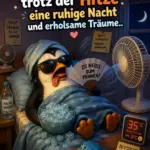 Lustiges Gute Nacht Bild mit einem schwitzenden Pinguin im Bett vor Ventilatoren, Eiswürfeln und Sprüchen über die Sommerhitze bei Nacht.