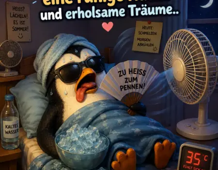 Lustiges Gute Nacht Bild mit einem schwitzenden Pinguin im Bett vor Ventilatoren, Eiswürfeln und Sprüchen über die Sommerhitze bei Nacht.