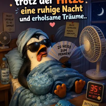Lustiges Gute Nacht Bild mit einem schwitzenden Pinguin im Bett vor Ventilatoren, Eiswürfeln und Sprüchen über die Sommerhitze bei Nacht.
