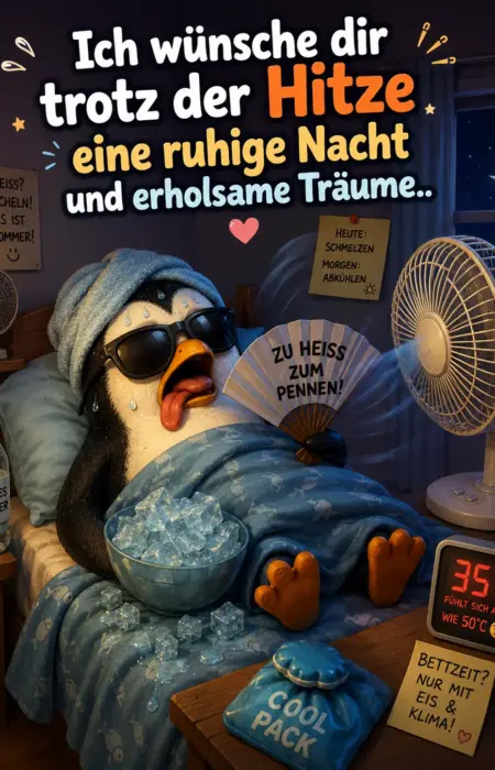 Lustiges Gute Nacht Bild mit einem schwitzenden Pinguin im Bett vor Ventilatoren, Eiswürfeln und Sprüchen über die Sommerhitze bei Nacht.