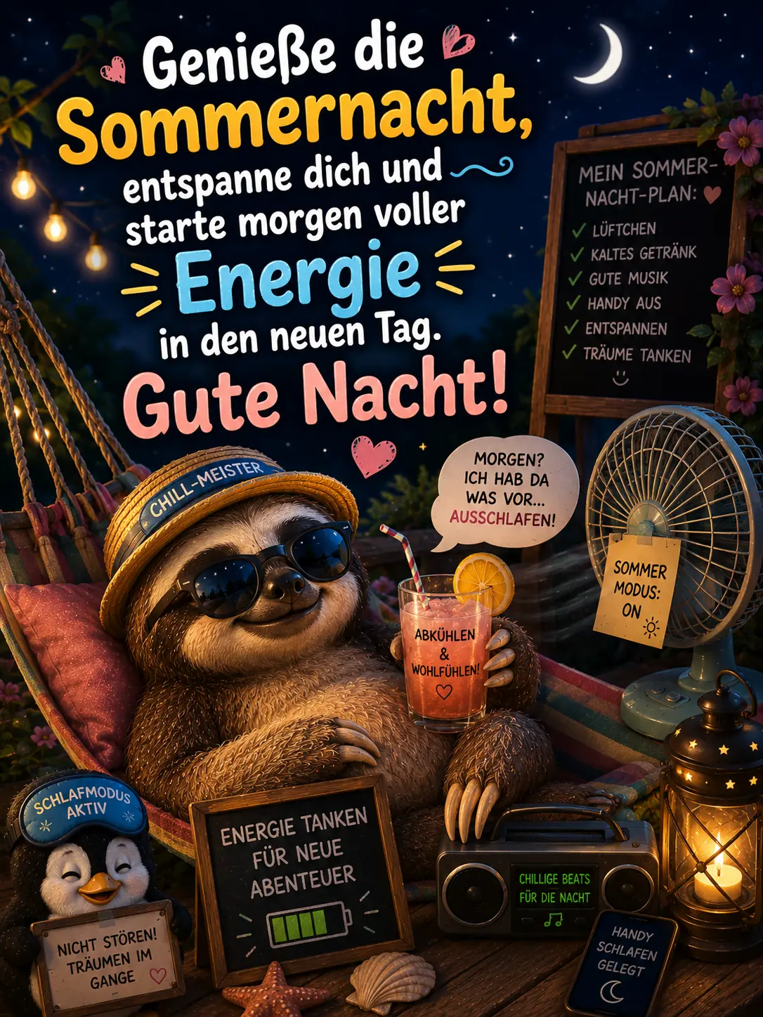 Gute Nacht Hitze – Lustige Grüße mit Faultier für die Sommernacht