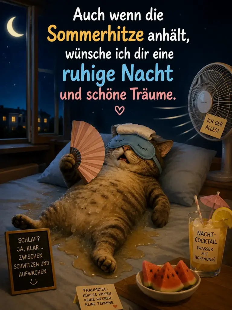 Gute Nacht Sommer Hitze Grüße – Lustige Katze mit Fächer und Wassermelone