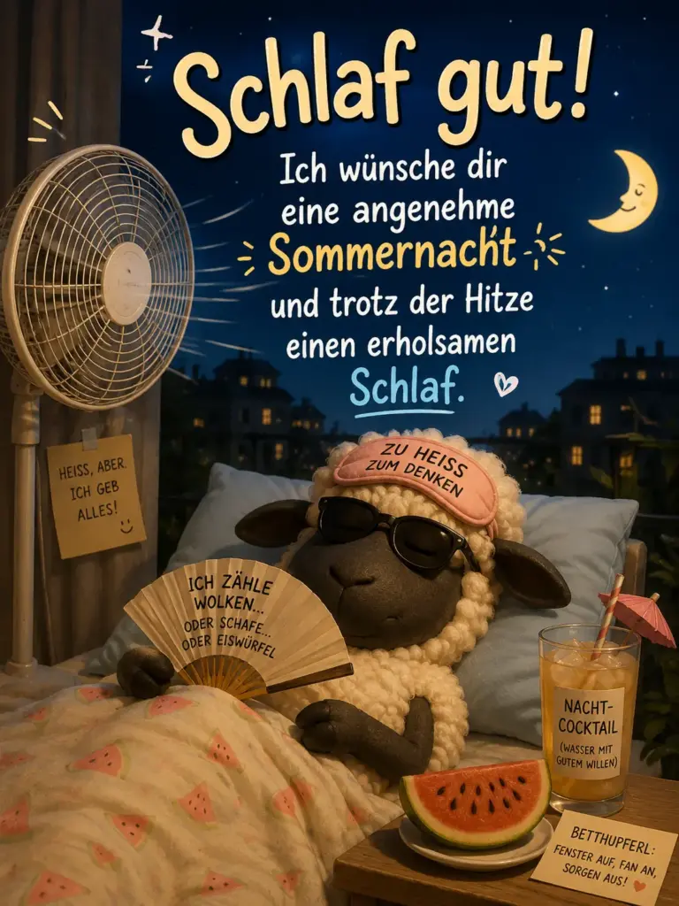 Gute Nacht Sommer Hitze Grüße – Lustiges Schaf mit Ventilator im Bett