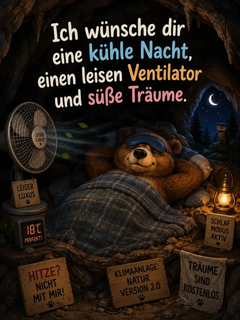 Lustige Gute Nacht Hitze Grüße – Bär im Sommer mit leisem Ventilator