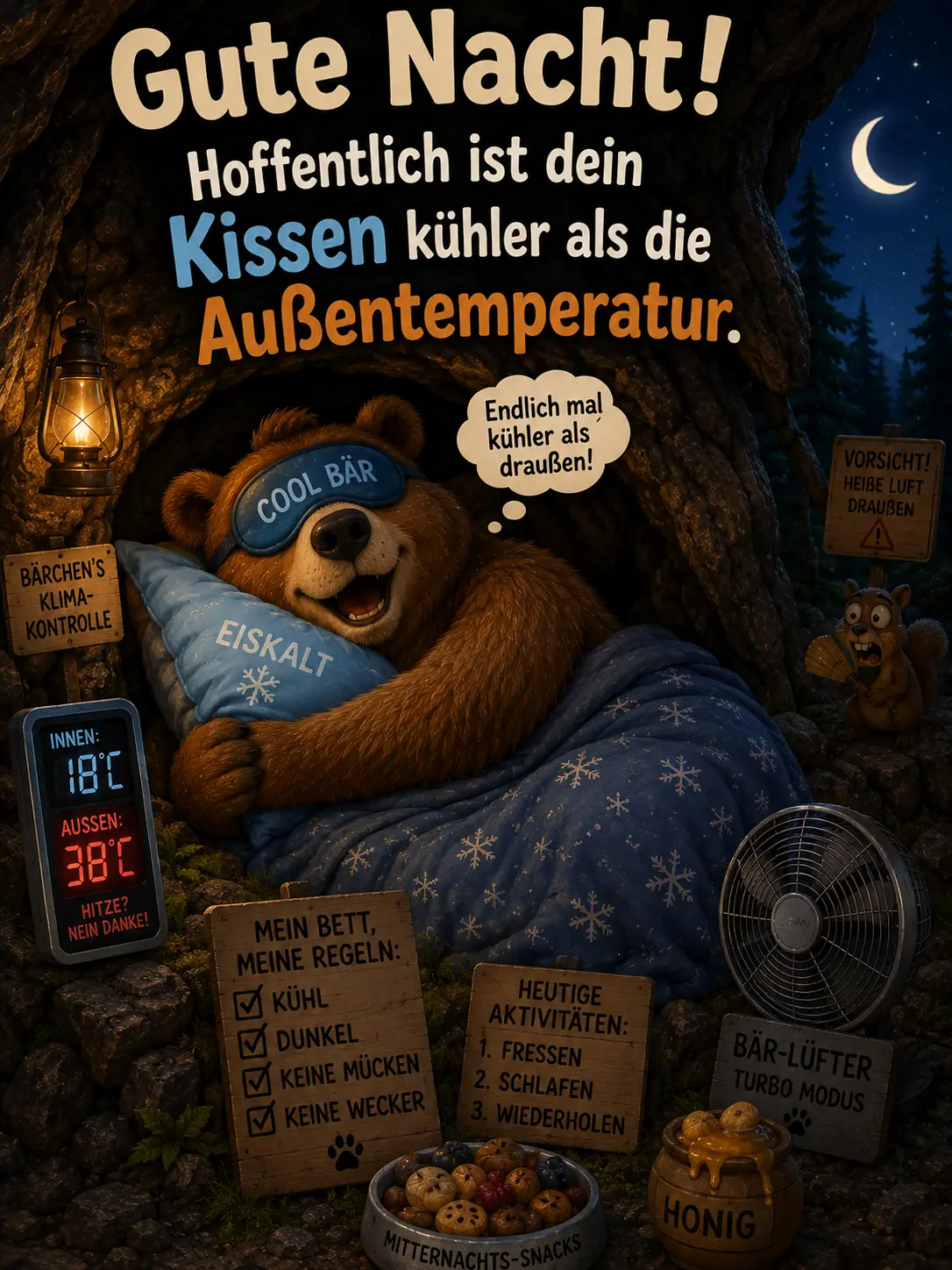 Lustige Gute Nacht Hitze Grüße – Bär mit kühlem Kissen im Sommer