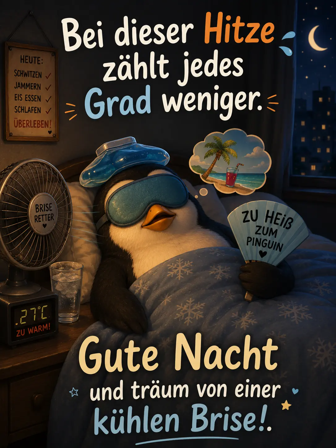Lustige Gute Nacht Hitze Grüße – Pinguin im Sommer mit Brise Wünschen