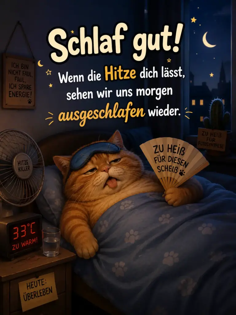 Lustige Gute Nacht Hitze Grüße – Süße Katze im Sommer mit Ventilator