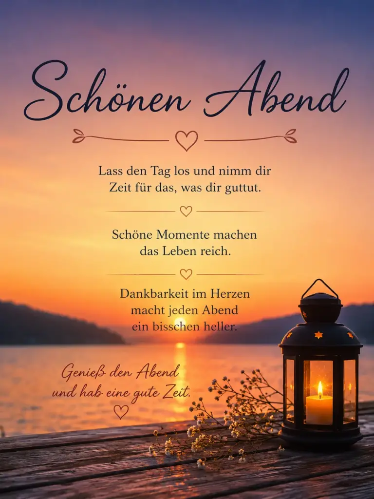 Schönen Abend Bilder mit Laterne am See und Sprüchen