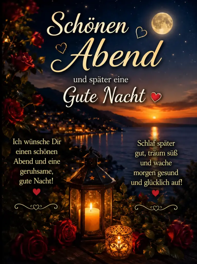 Schönen Abend Bilder mit Vollmond und Laterne am Meer