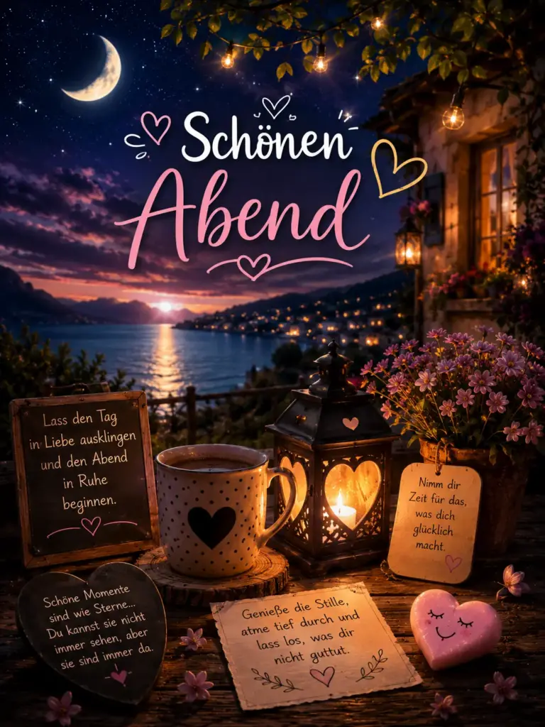 Schönen Abend Grüße mit Kaffeetasse und Laterne am See