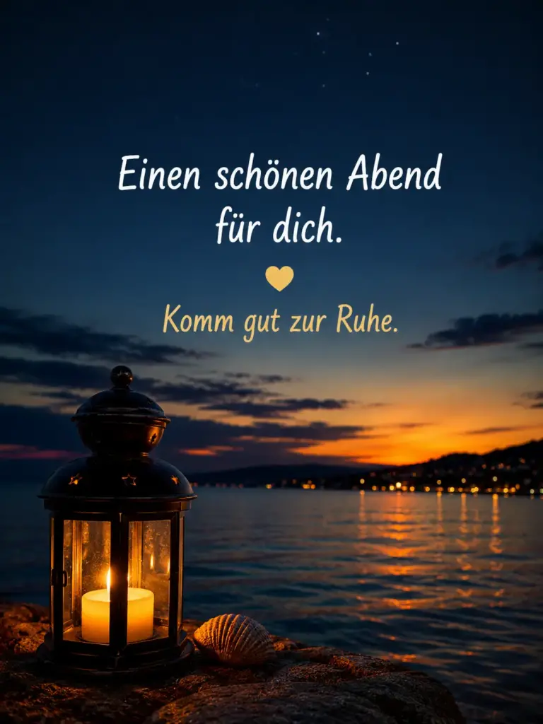 Schönen Abend Grüße mit Laterne am Meer bei Nacht