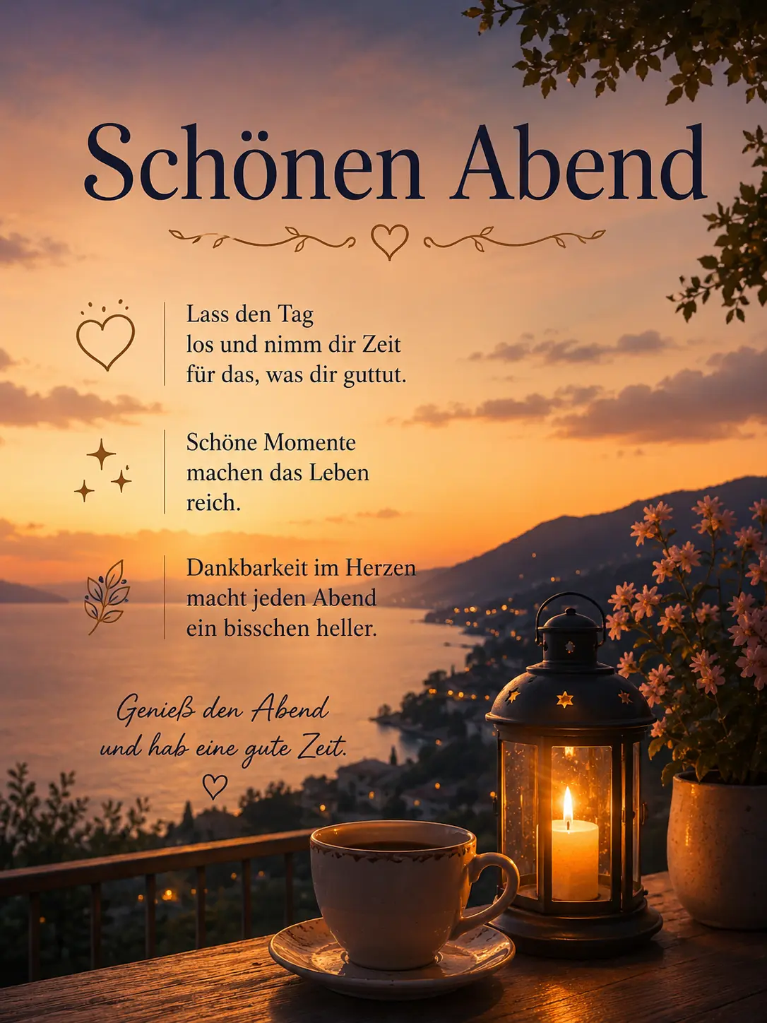 Schönen Abend Grüße mit Meerblick bei Sonnenuntergang