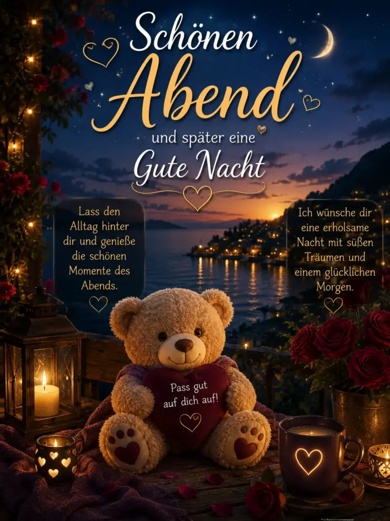 Schönen Abend Grüße mit Teddybär und Rosen am Abend