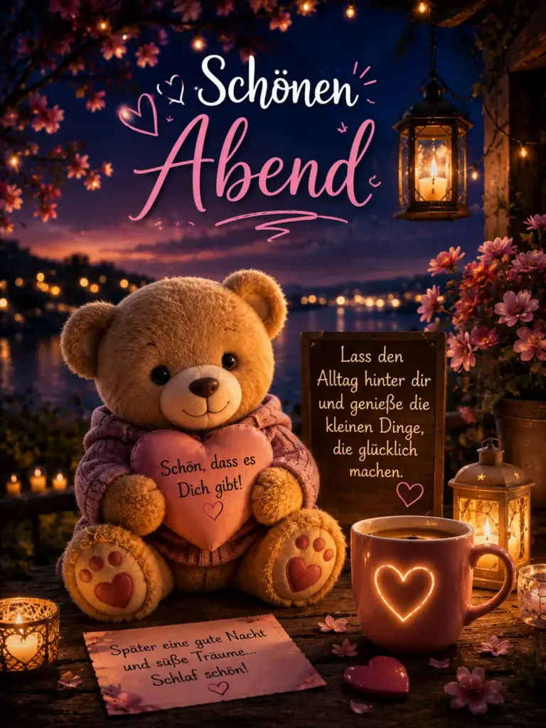 Schönen Abend Grüße mit süßem Teddybär und Kaffeetasse