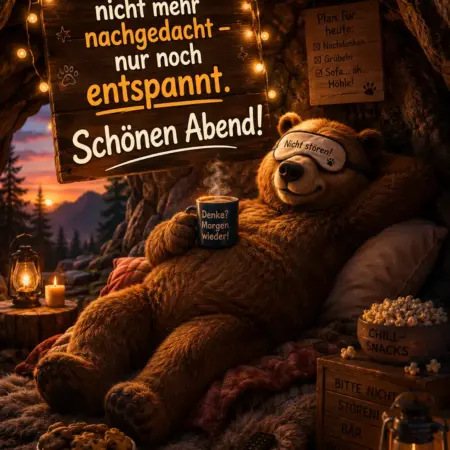 Lustiges Abendgruß Bild mit einem schlafenden Bären in einer Höhle, der eine Kaffeetasse hält, mit Popcorn, Keksen ve humorvollen Feierabend Sprüchen über das Nachdenken.