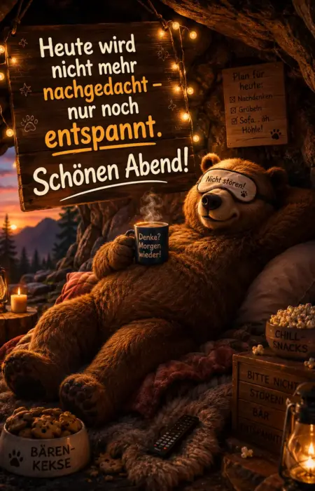 Lustiges Abendgruß Bild mit einem schlafenden Bären in einer Höhle, der eine Kaffeetasse hält, mit Popcorn, Keksen ve humorvollen Feierabend Sprüchen über das Nachdenken.