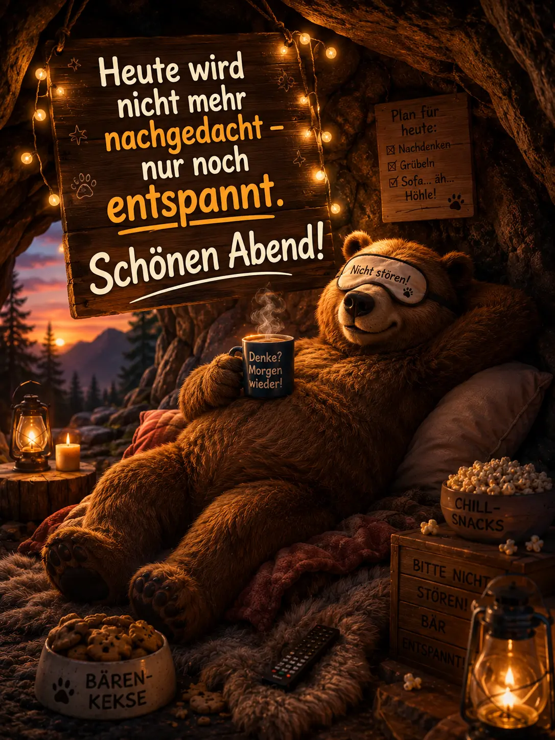 Schönen entspannten Abend Bilder lustig – Bär in der Höhle mit Sprüchen