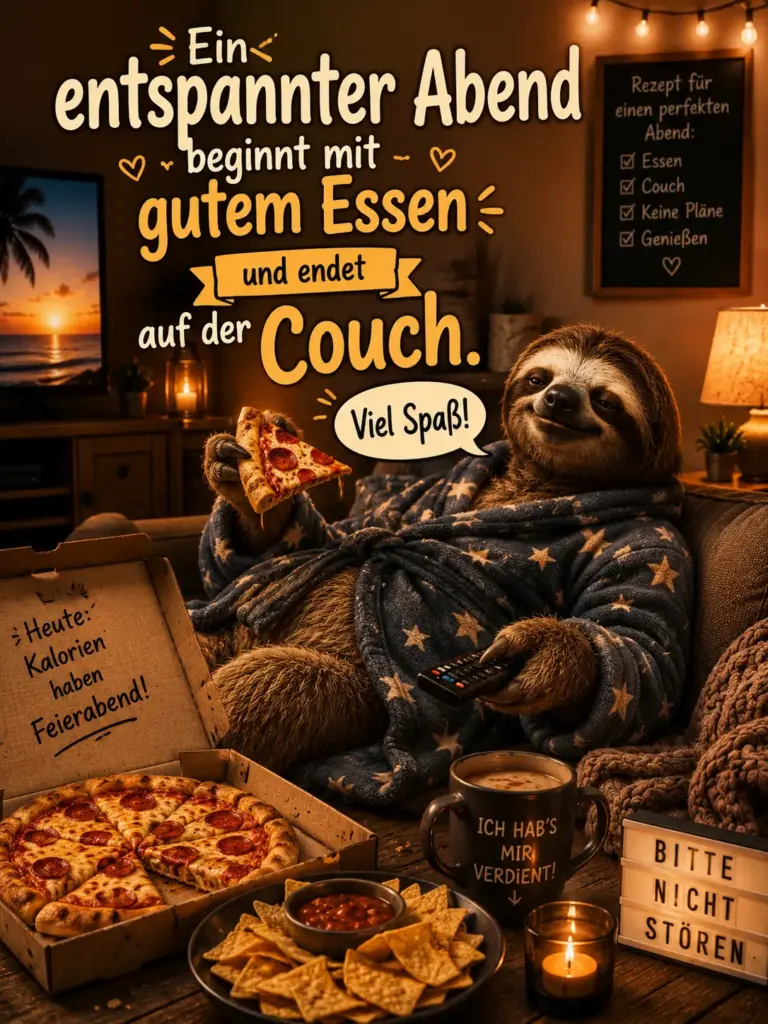 Schönen entspannten Abend Bilder lustig – Faultier mit Pizza auf der Couch