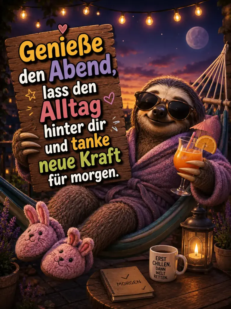 Schönen entspannten Abend Bilder – Faultier in Hängematte mit Cocktail