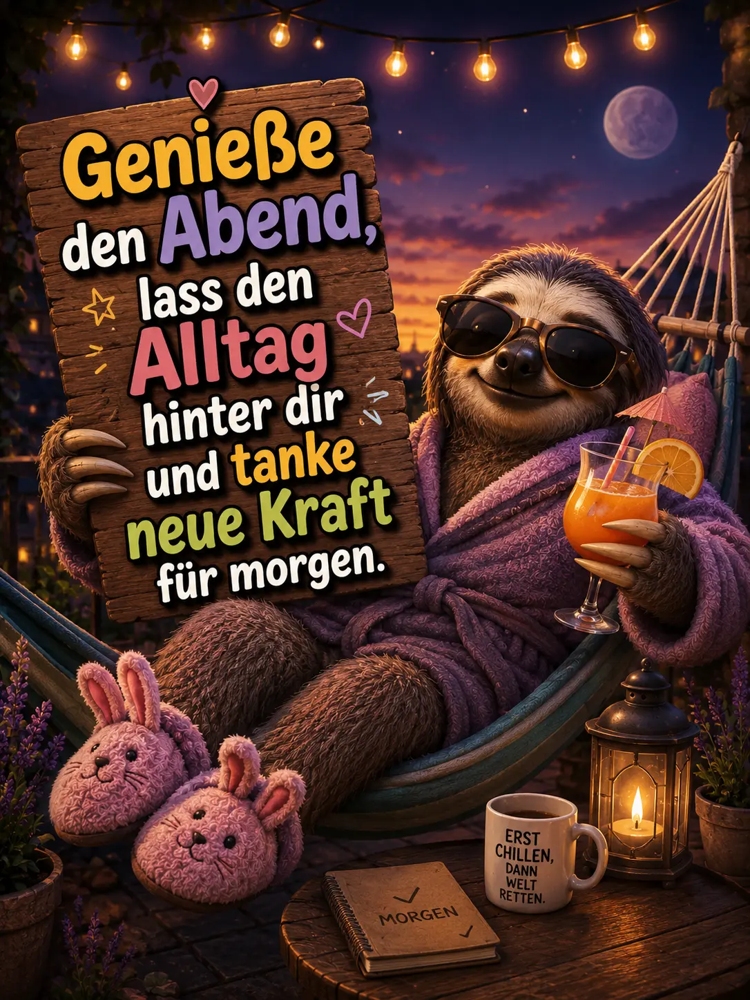 Schönen entspannten Abend Bilder – Faultier in Hängematte mit Cocktail