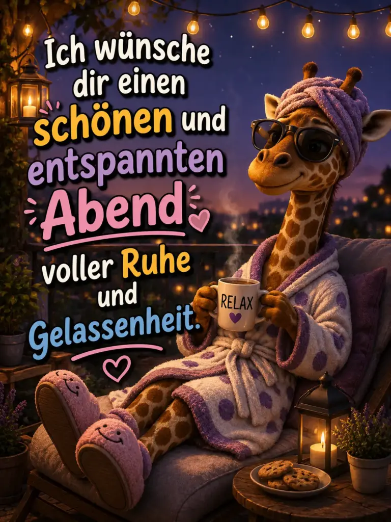 Schönen entspannten Abend Bilder – Süße Giraffe mit Relax Kaffeetasse