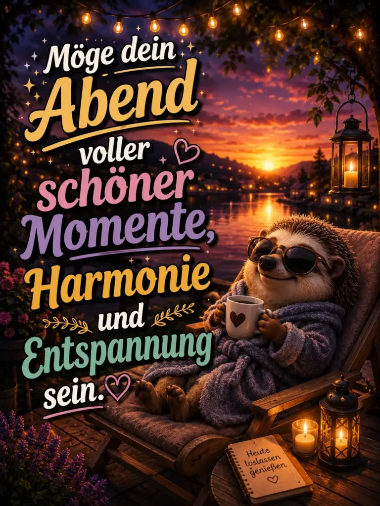Schönen entspannten Abend Bilder – Süßer Igel mit Kaffee im Sonnenuntergang