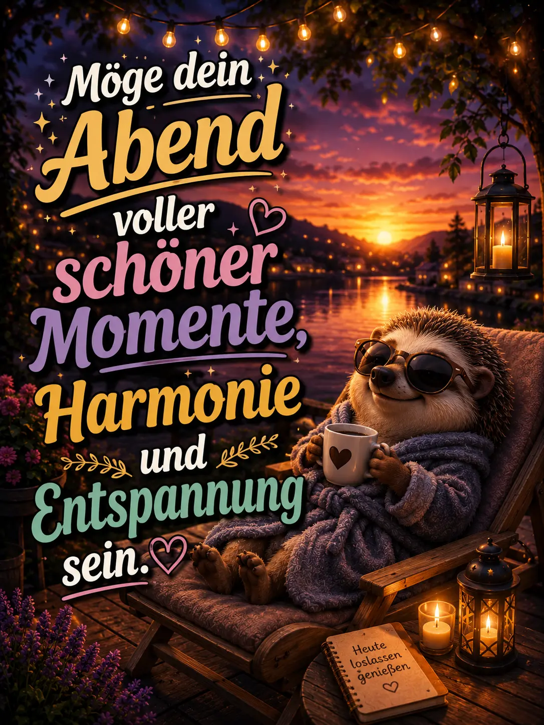 Schönen entspannten Abend Bilder – Süßer Igel mit Kaffee im Sonnenuntergang