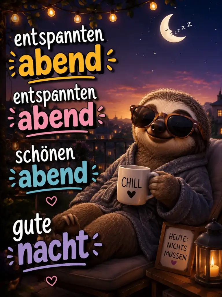 Schönen entspannten Abend Bilder – Süßes Faultier mit Chill Kaffeetasse