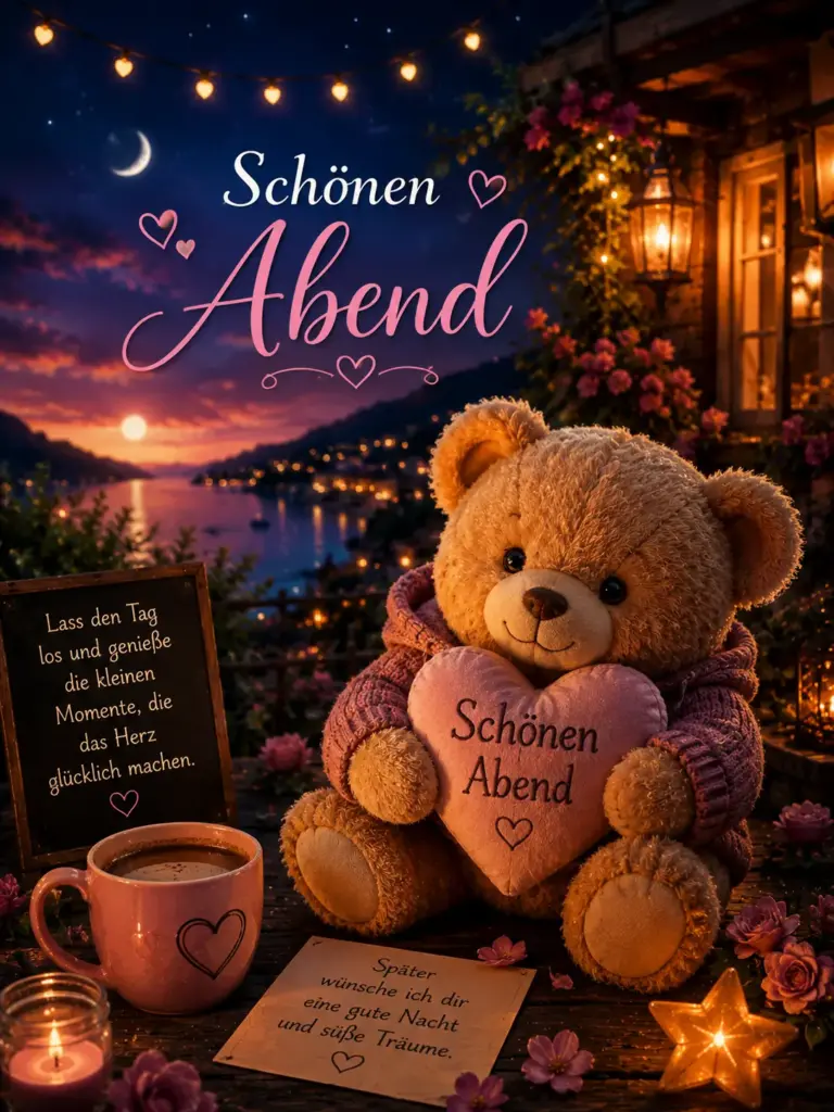 Süße Schönen Abend Grüße mit Teddybär und Kaffee