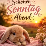 Ein niedlicher kleiner Hase liegt auf einer rosa Strickdecke vor einer blühenden Wiese bei Sonnenuntergang am Sonntagabend.