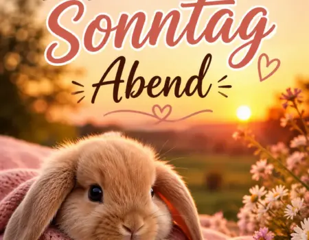 Ein niedlicher kleiner Hase liegt auf einer rosa Strickdecke vor einer blühenden Wiese bei Sonnenuntergang am Sonntagabend.