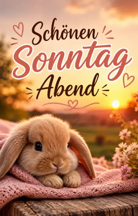 Ein niedlicher kleiner Hase liegt auf einer rosa Strickdecke vor einer blühenden Wiese bei Sonnenuntergang am Sonntagabend.