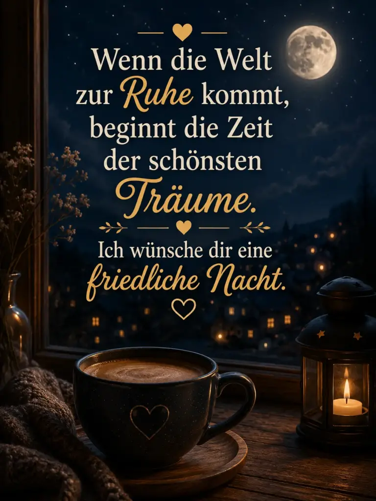 Erholsamen Schlaf Gute Nacht Bilder – Dampfende Tasse am Fenster bei Vollmond