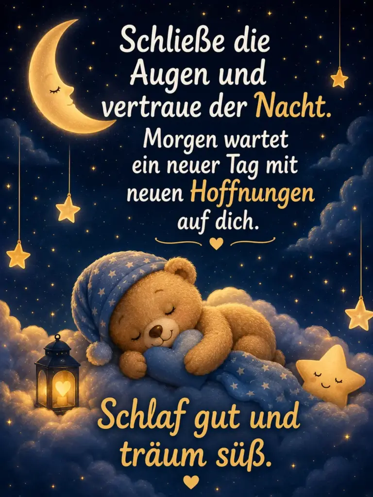 Erholsamen Schlaf Gute Nacht Bilder – Kuschelbär mit leuchtender Herz-Laterne