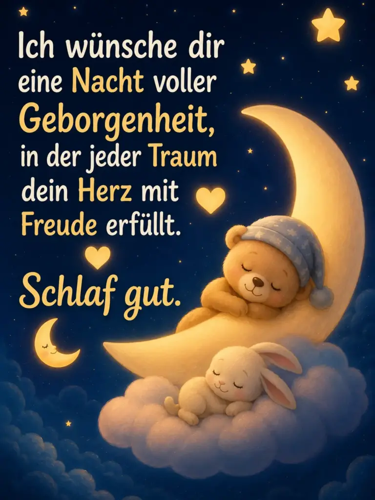 Erholsamen Schlaf Gute Nacht Bilder – Kuschelbär und Häschen im Sternenhimmel