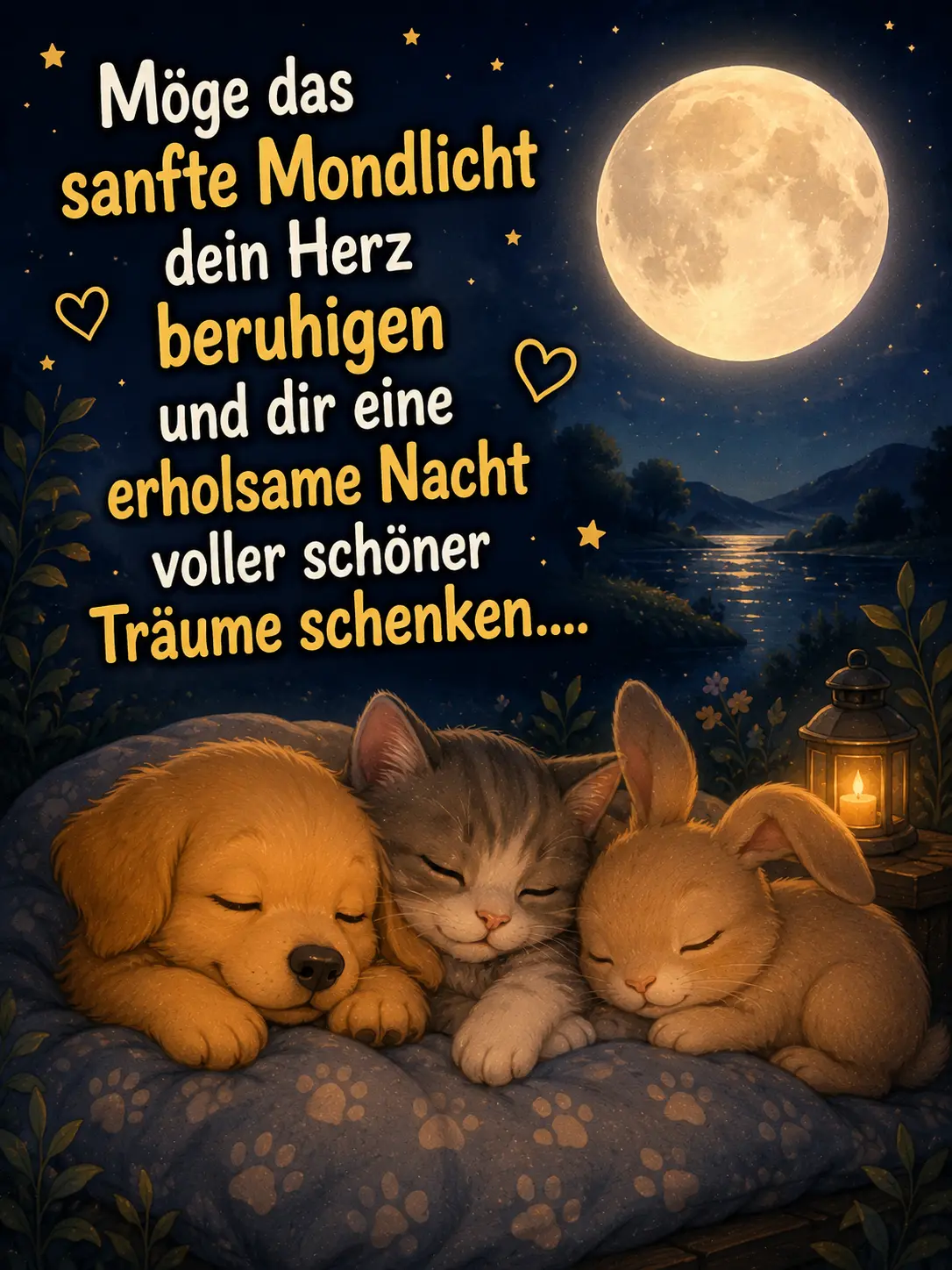 Erholsamen Schlaf Gute Nacht – Drei schlafende Tierfreunde am Fluss bei Vollmond