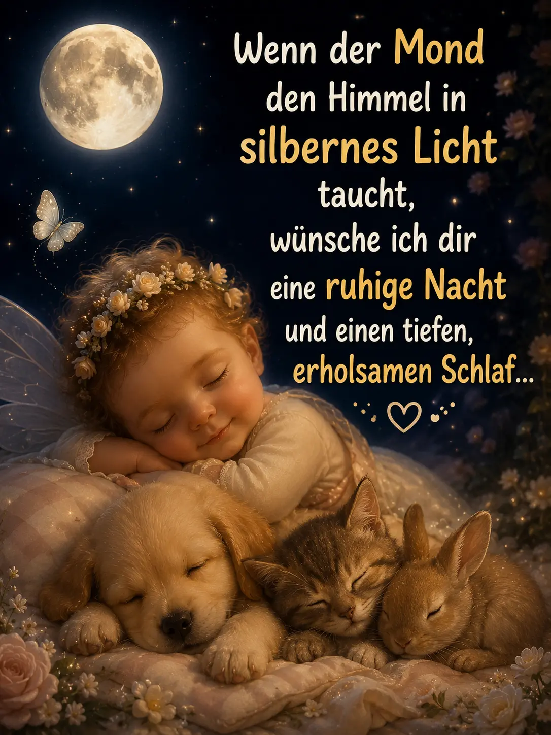 Erholsamen Schlaf Gute Nacht – Engel und schlafende Tierfreunde im Mondlicht