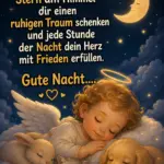 Ein kleiner schlafender Engel mit Heiligenschein und Flügeln liegt geborgen auf Wolken neben einem schlummernden Welpen, Kätzchen und Häschen unter einer lächelnden Mondsichel am Sternenhimmel.