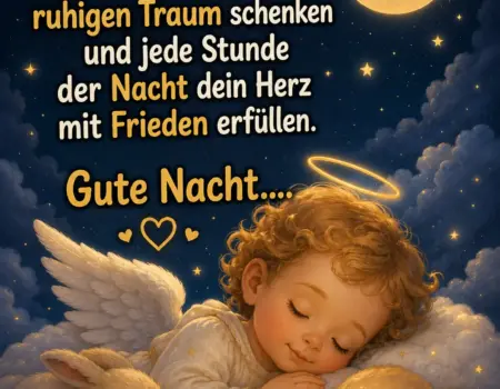 Ein kleiner schlafender Engel mit Heiligenschein und Flügeln liegt geborgen auf Wolken neben einem schlummernden Welpen, Kätzchen und Häschen unter einer lächelnden Mondsichel am Sternenhimmel.