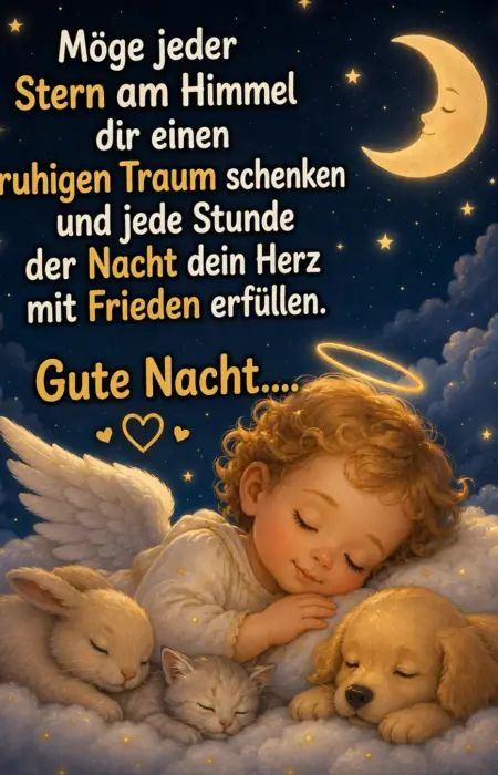 Ein kleiner schlafender Engel mit Heiligenschein und Flügeln liegt geborgen auf Wolken neben einem schlummernden Welpen, Kätzchen und Häschen unter einer lächelnden Mondsichel am Sternenhimmel.
