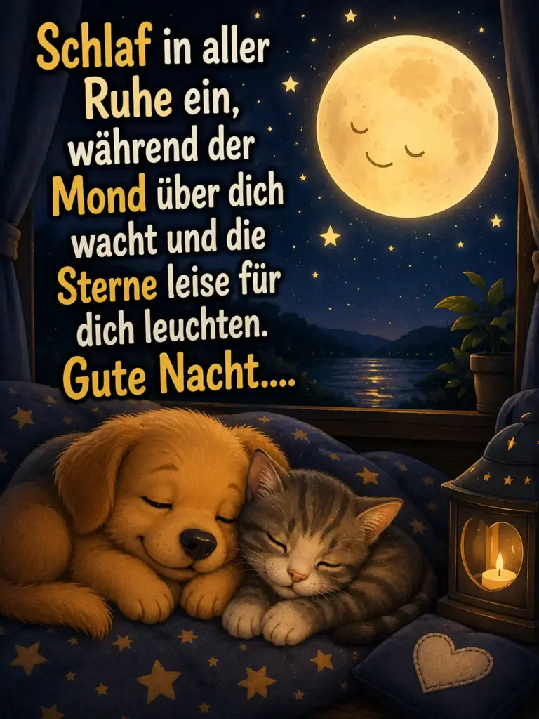 Erholsamen Schlaf Gute Nacht – Welpe und Kätzchen am Fenster bei Vollmond