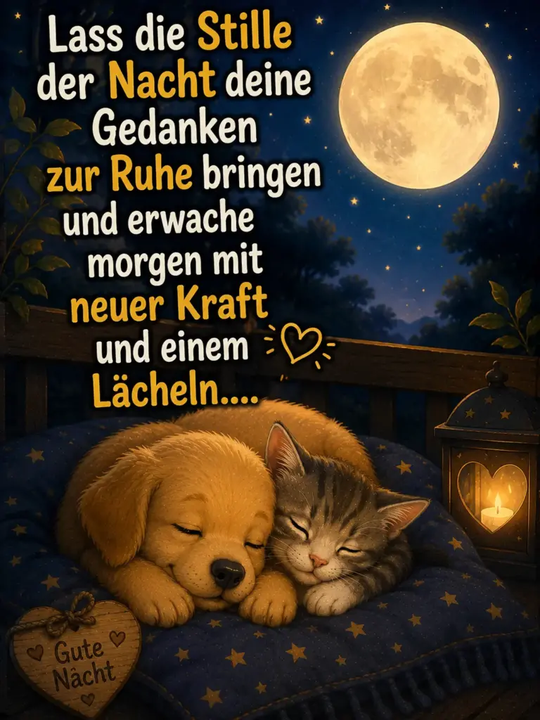 Erholsamen Schlaf Gute Nacht – Welpe und Kätzchen unter dem Vollmond